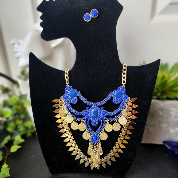 Statement Gold and Blue Ethnic Bib Style Necklace and Earrings Set - Picture 1 of 7